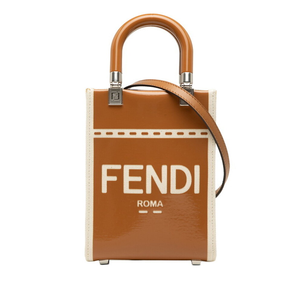 Fendi Sunshine Shopper Mini Handbag Shoulder Bag 2WAY 8BS051 Ivory Brown Canv...